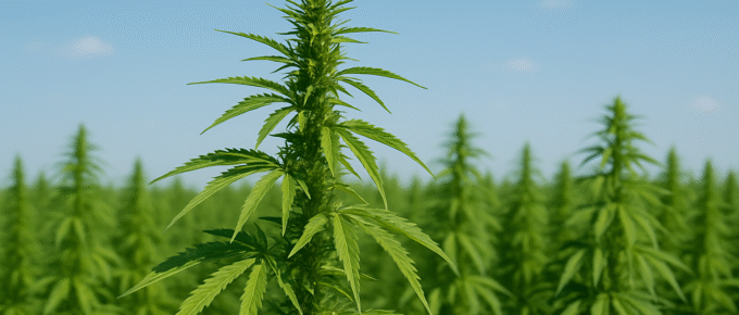 A green hemp field under a blue sky