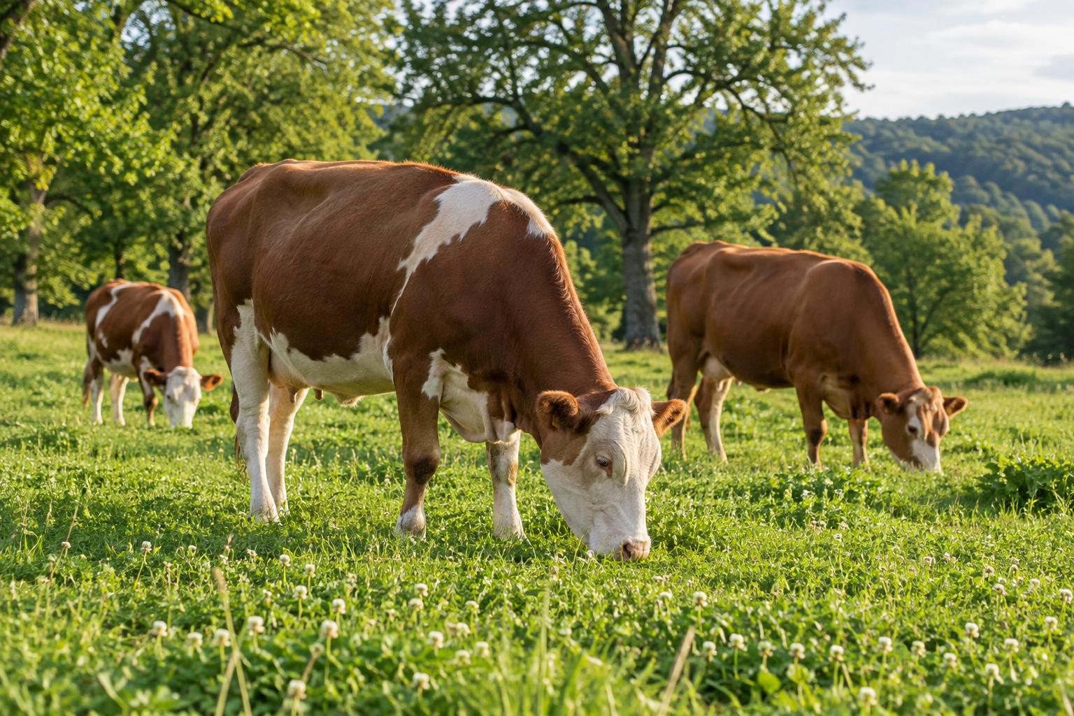 Cows grazing in a green pasture