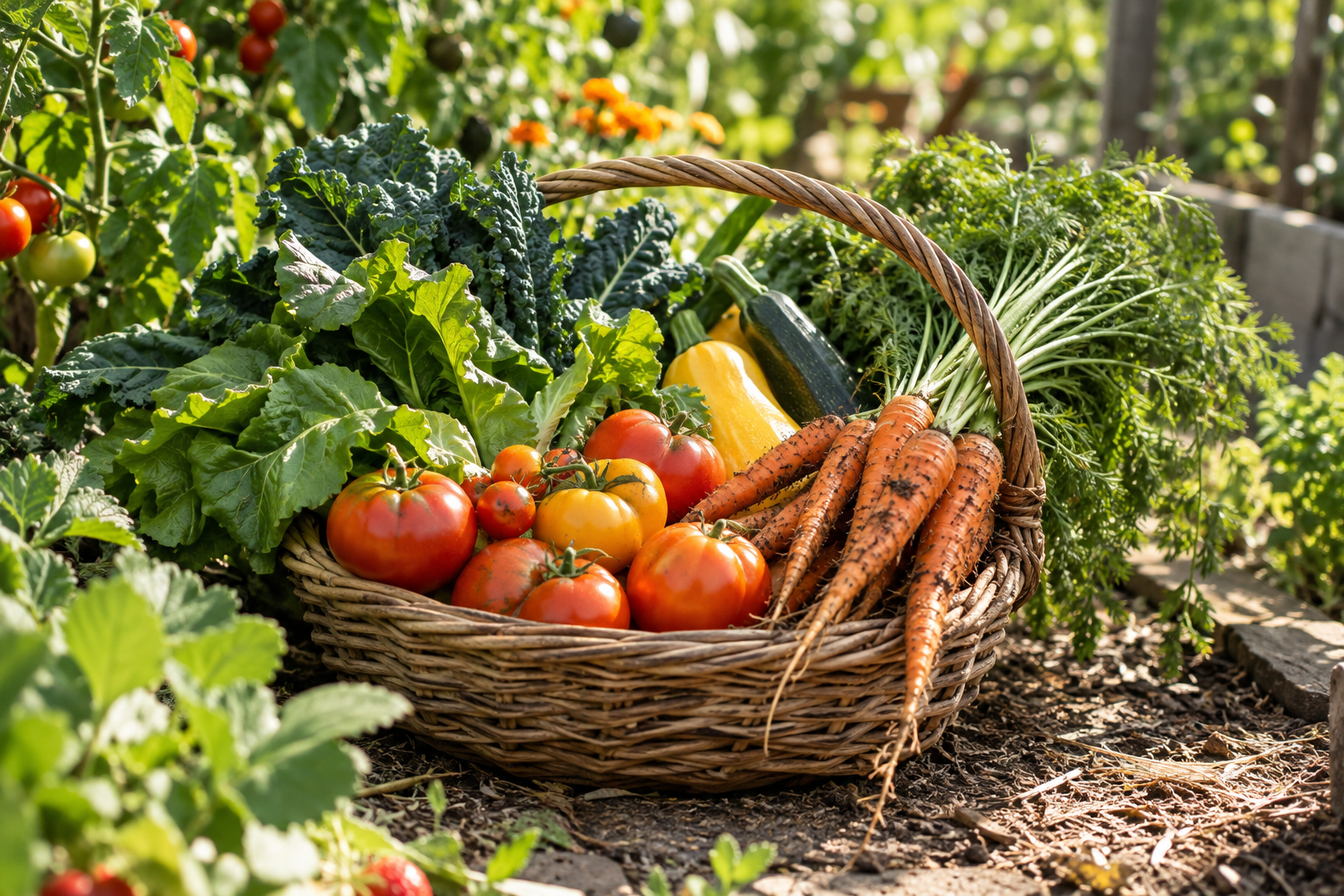 A basket of freshly harvested vegetables beside a kitchen garden