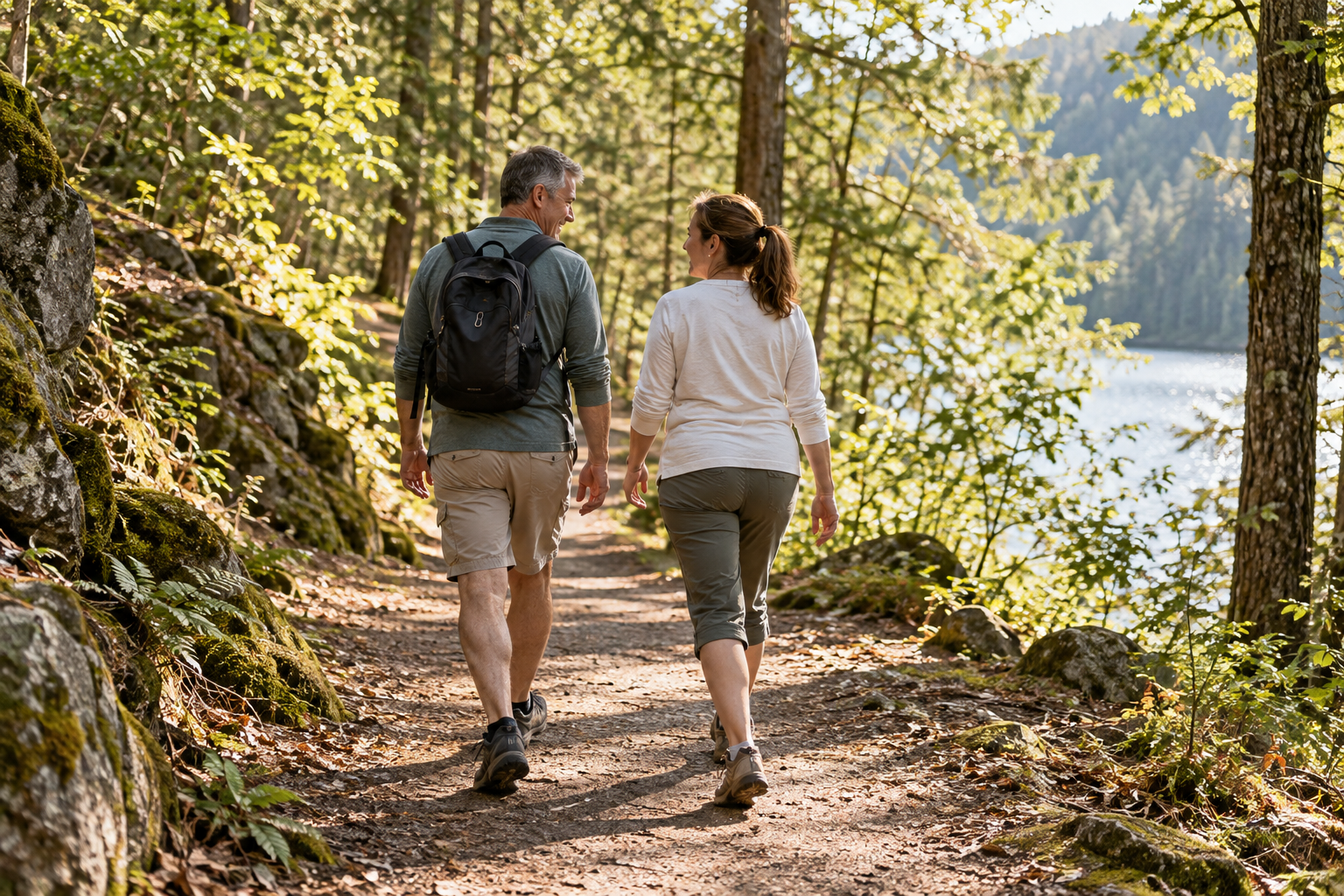 Two adults walking together along a sunlit wooded trail