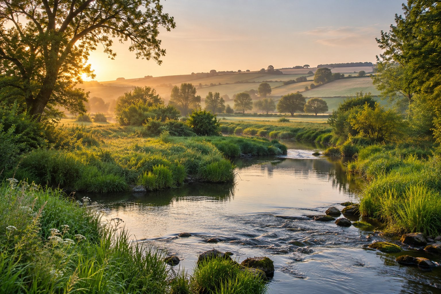 A clear stream winding through a green meadow and trees