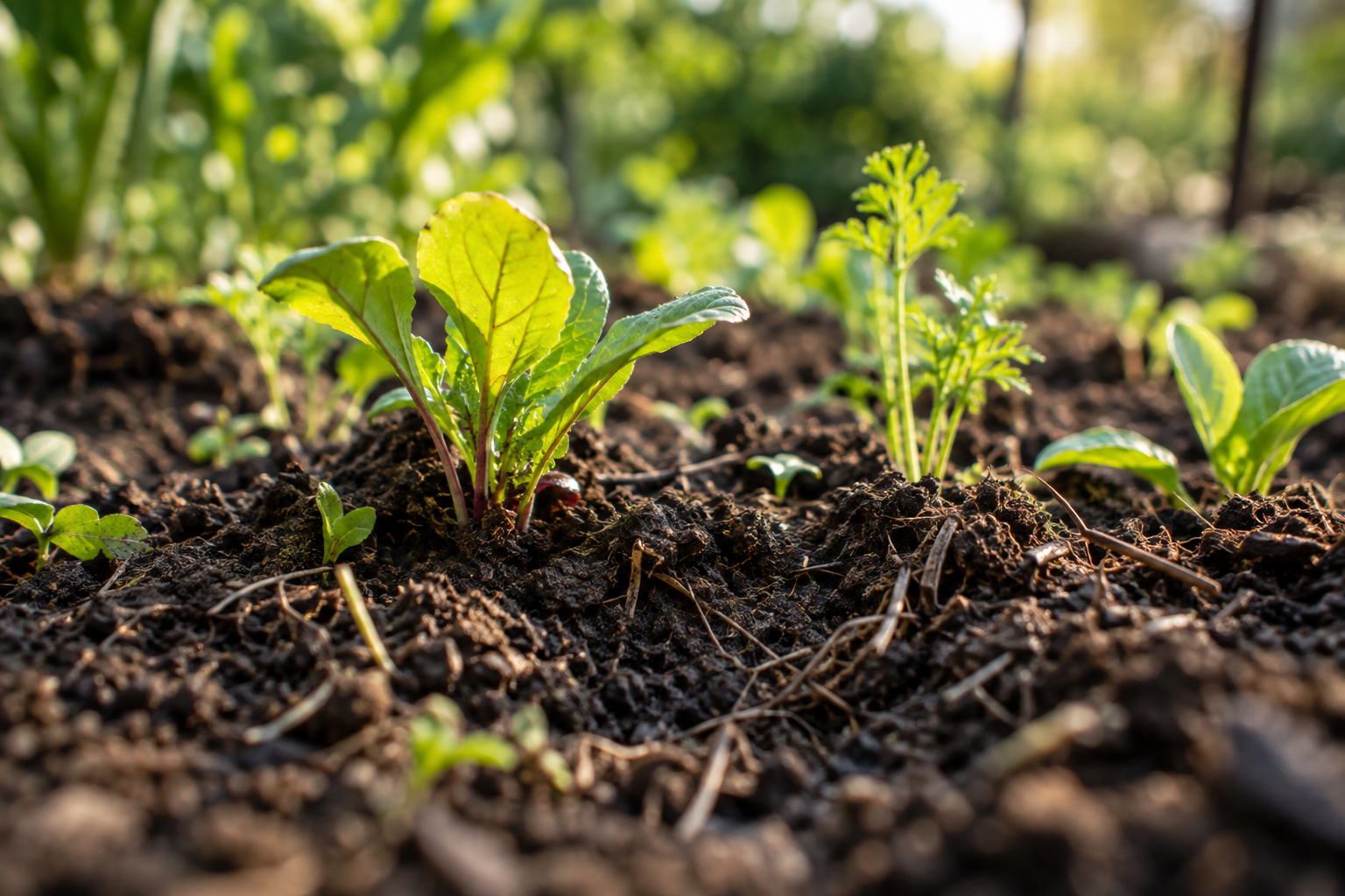 Young seedlings growing in dark, textured garden soil